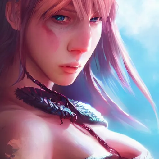 Image similar to a beautifull female warrior, character art portrait, fantasy style clothing, anime key visual, official media, illustrated by wlop, extremely detailed, 8 k, trending on artstation, cinematic lighting, beautiful