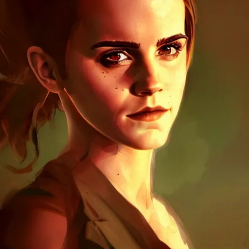 Image similar to a portrait of emma watson wearing skintight dress, post apocalyptic earth in the background as seen by greg rutkowski, dark theme, enchanted, warm colors, high quality, waw, trending on artstation