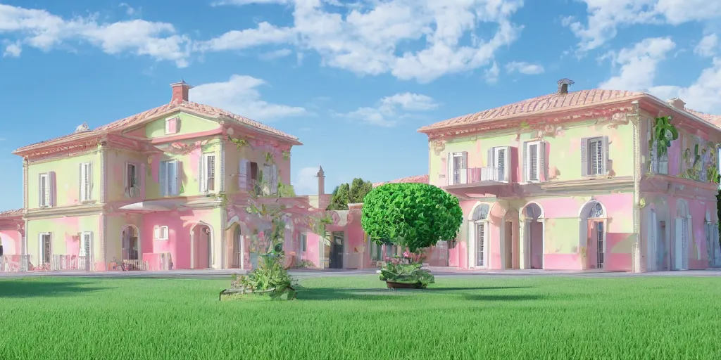 Image similar to 3D render of an Italian villa with an ice cream scoop as the roof, pastel colors, 8k, hd, bloom effect