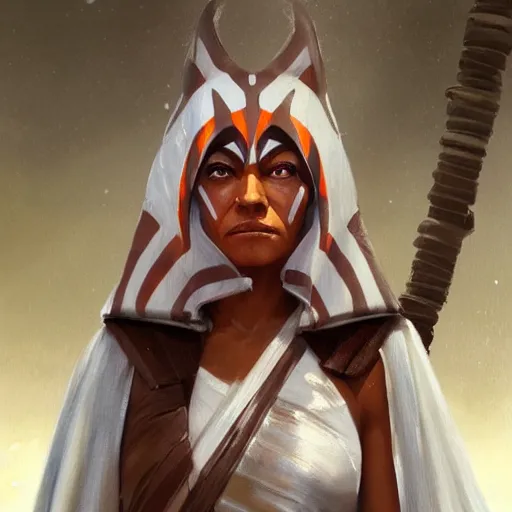 Image similar to portrait of a Ahsoka Tano by Greg Rutkowski, she is about 60 years old, wearing white robes, Star Wars Expanded Universe, highly detailed portrait, digital painting, artstation, concept art, smooth, sharp foccus ilustration, Artstation HQ