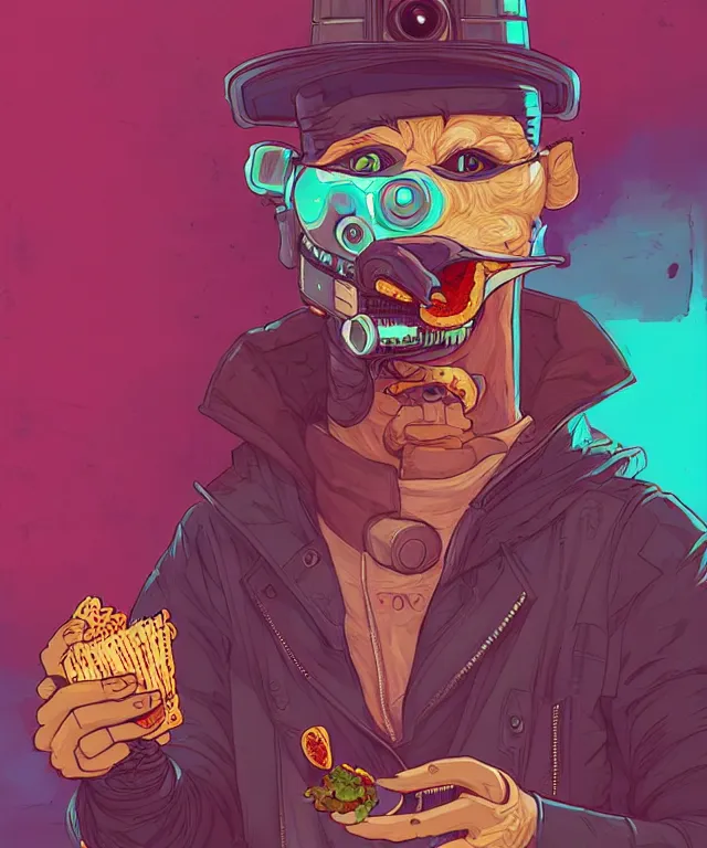 Image similar to a portrait of an anthropomorphic cyberpunk ferret eating a taco, cyberpunk!, fantasy, elegant, digital painting, artstation, concept art, matte, sharp focus, illustration, art by josan gonzalez