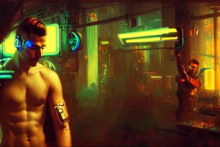 Image similar to cyberpunk style, attractive male with tattoo, robotic arm, neon lights, cool tint, painting by gaston bussiere, craig mullins, j. c. leyendecker, tom of finland