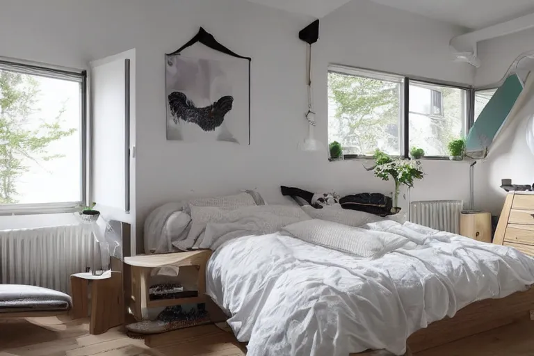 Prompt: A sunny bedroom, exquisite decoration, all Nordic style furniture, high tech