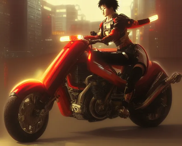 Prompt: japanese warrior cybergirl riding giant futuristic motorbike through neotokyo, akira ( 1 9 8 8 ) style, oil on canvas, artstation, j, c. leyendeck and edmund blair leighton and charlie bowater, octane render, soft lighting, contrasting