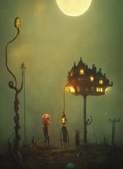 Prompt: giant tentacles in burning vapor glowing mansion dramatic lighting desolate landscape with a light moon in a night circus setting, artem chebokha, alexander jansson, allen williams, anja millen, simon stalenhag, adam paquette
