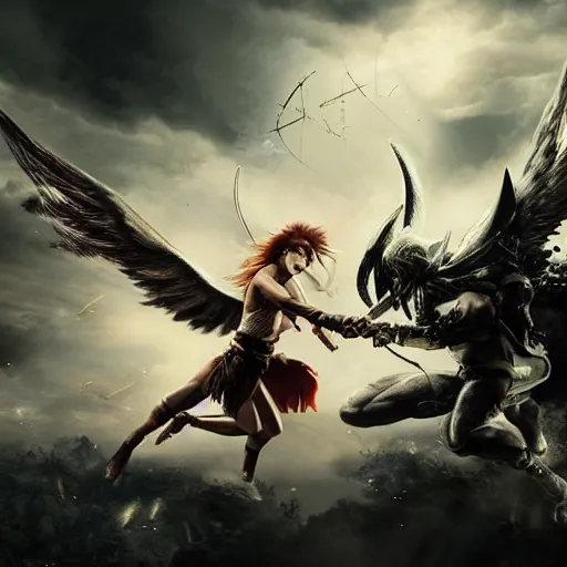 Image similar to an epic battle between a female angel and male demon locked in mortal combat flying through the air, cinematic, excellent lighting, fully rendered, clouds in the background