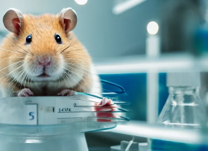 Image similar to film still of a hamster working in a research lab finding the cure for cancer, 8 k