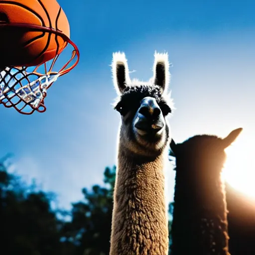 Image similar to film still of a llama in a jersey dunking a basketball like michael jordan, low angle, show from below, tilted frame, 3 5 °, dutch angle, extreme long shot, high detail, indoors, dramatic backlighting.