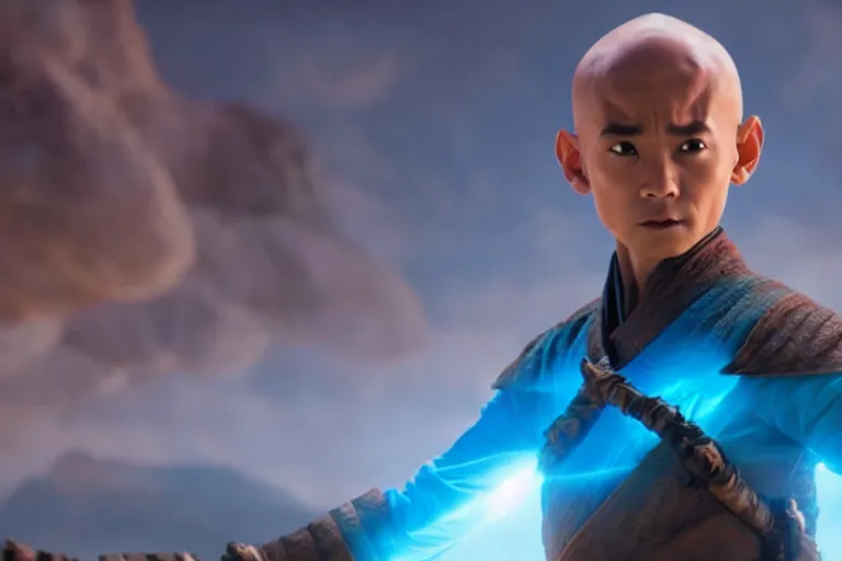 Image similar to live action film still of aang in the new fantasy movie, cinematic lighting