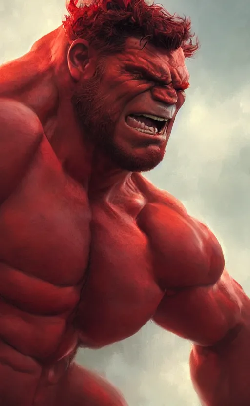 Image similar to Portrait of a Red Hulk, male, detailed face, fantasy, highly detailed, cinematic lighting, digital art painting by greg rutkowski