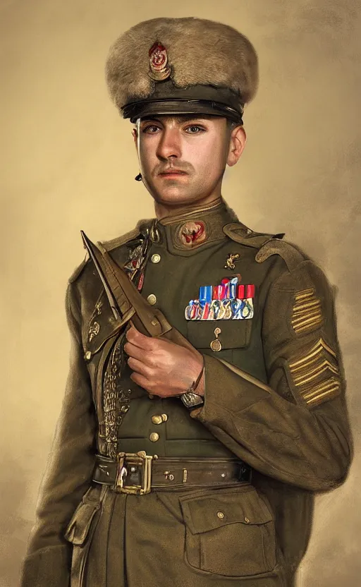 Prompt: Portrait of an army officer, male, detailed face, 20th century, highly detailed, cinematic lighting, digital art painting