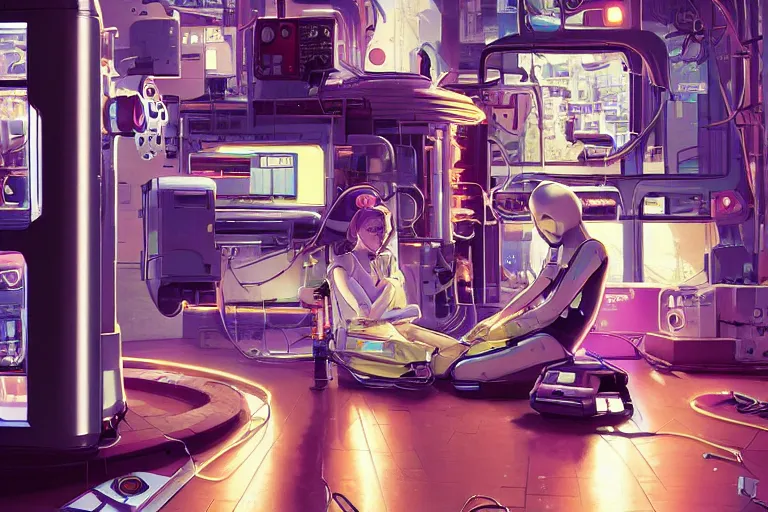 Image similar to closeup of pretty girl working in a small robot repair shop, broken android laying on the ground, chrome reflections, computer screens, scifi vending machine, surreal illustration by moebius , Ilya Kuvshinov, dynamic lighting, glowing lights, neons, science fiction