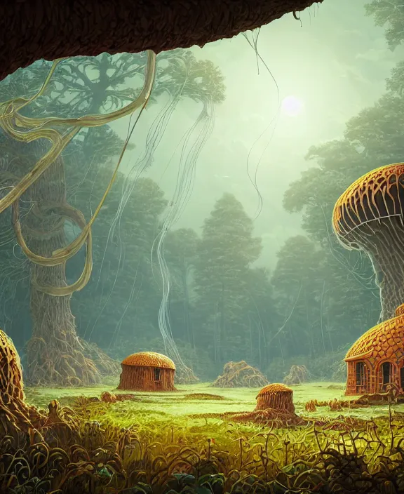 Image similar to a mammoth schoolhouse made from jellyfish, overgrown with huge exotic fungus, deep in the woods, noon, sun drenched, partly cloudy, by dan mumford, yusuke murata, makoto shinkai, ross tran, cinematic, unreal engine, cel shaded, featured on artstation, pixiv