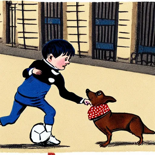 Image similar to book illustration of a french boy on the streets of paris playing football against a corgi, the dog is wearing a polka dot scarf, 1 9 6 6