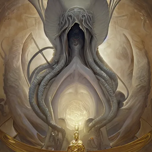 Prompt: angelarium, cthulhu, illithid, white marble and gold, by peter mohrbacher, rembrandt