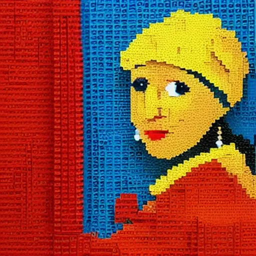 Prompt: girl with a pearl earring, made out of legos, in the style of picasso, oil painting