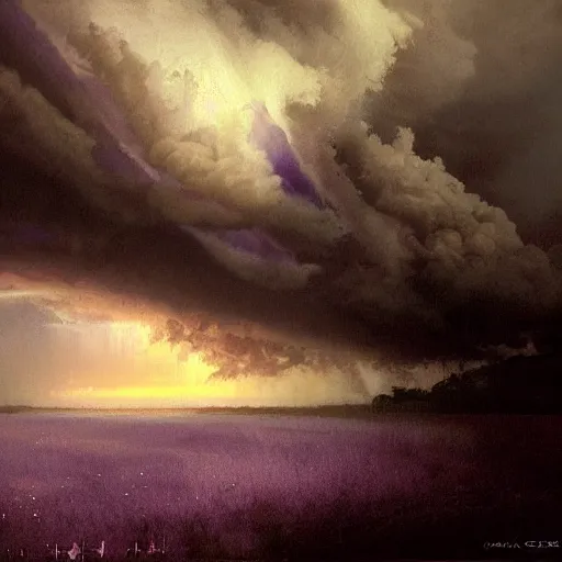 Image similar to a beautiful thunderstorm rolling over a small town, with the clouds illuminated slightly purple, ominous, eerie, craig mullins