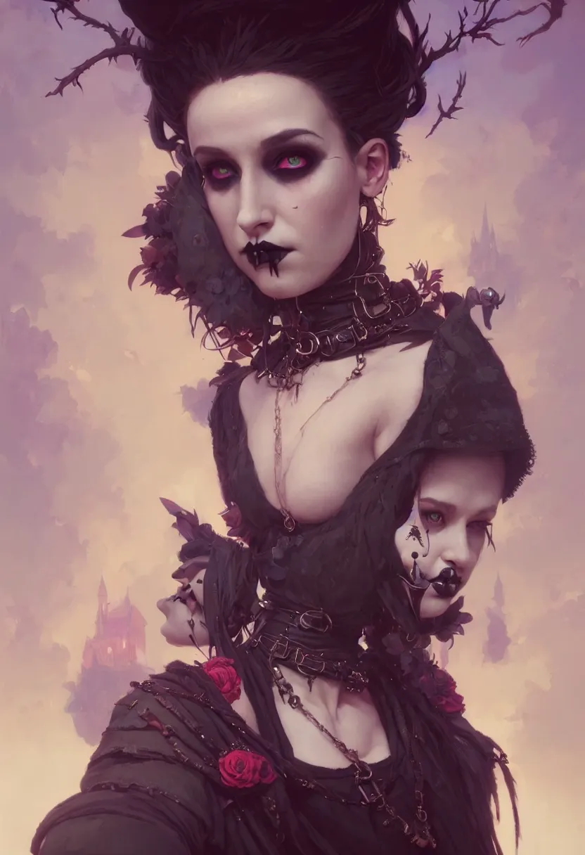 Image similar to beautiful portrait, goth girl, piercings collar, mohawk hairstyle, medieval dress. witch, makeup. unreal engine, greg rutkowski, loish, rhads, beeple, tom bagshaw, alphonse mucha, global illumination, detailed and intricate environment