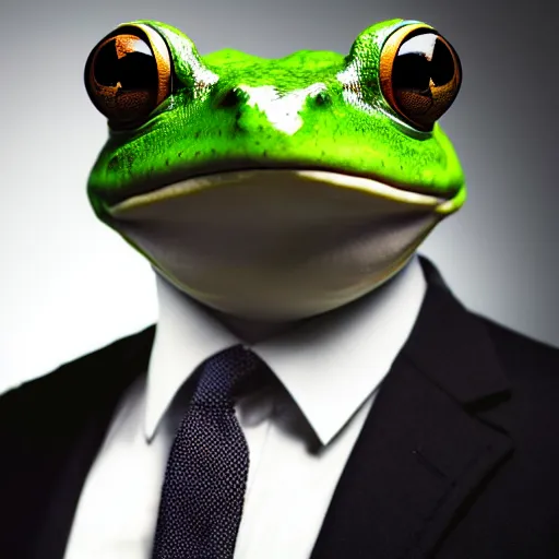 Image similar to a frog wearing a suit, studio portrait, dramatic lighting, award-winning photography, 8k