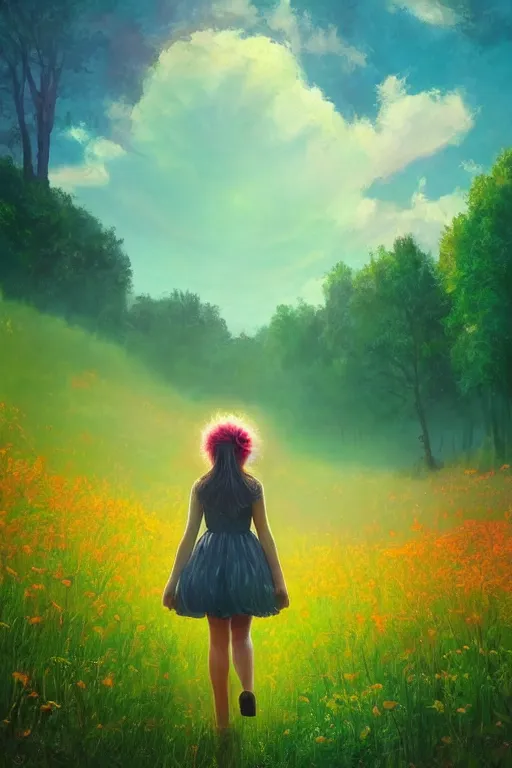 Image similar to giant daisy flower head, girl walking in a green forest, surreal photography, sunrise, dramatic light, impressionist painting, colorful clouds, digital painting, artstation, simon stalenhag