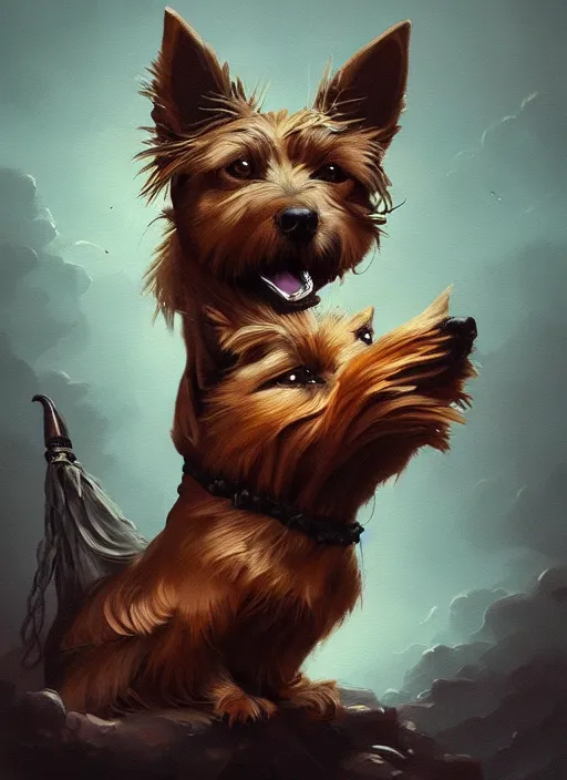 Prompt: norwich terrier as an witch, backround dark, highly detailed, digital illustration, trending in artstation, modern painting, smooth, sharp focus, intricate, by peter mohrbacher