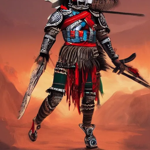 Image similar to mexican indigenous warrior in a ornated armor preparing for war, full body, dynamic pose, red and obsidian neon, concept art, intricate details, highly professionally detailed, cgsociety, highly detailed -