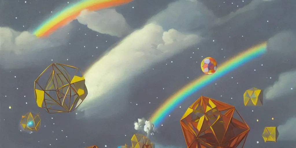 Image similar to a painting by ralph mcquarrie of floating molecules and a giant head icosahedron with stars, clouds, and rainbows in the background, trending on artstation, masterpiece, incredible details