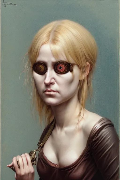 Image similar to hyper realistic portrait of blonde girl with an eyepatch in the style of wayne barlowe, gustav moreau, goward, bussiere, roberto ferri, santiago caruso, luis ricardo falero, austin osman spare