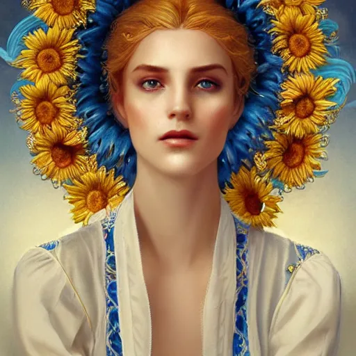 Image similar to blonde lady in white embroidered shirt, ukrainian national costume, filigree crown with blue and yellow textile embroidery sunflowers, intricate, elegant, digital painting, art nouveau, smooth, focus, rim light, charlie bowater, tom bagshaw, greg rutkowski