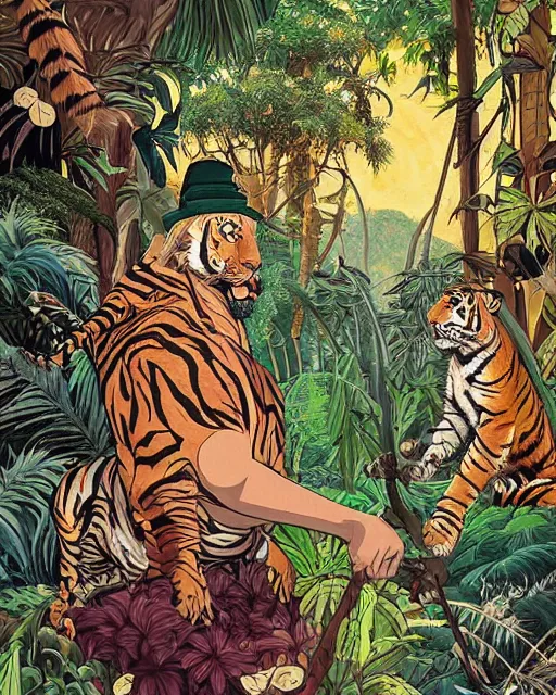 Image similar to portrait of a conquistador in a jungle, with a pet tiger, by nicola saviori, and dan mora, studio ghibli color scheme, highly detailed