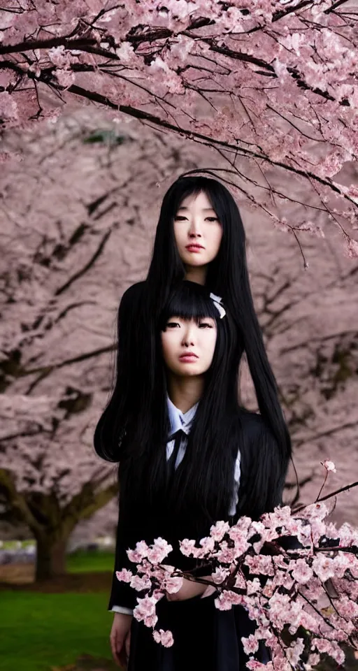 Prompt: a beautiful detailed hyperrealistic render of an attractive japanese female with long black hair covering part of her face and wearing a seifuku, standing next to a beautiful cherry blossom tree, centered, trending on gettyimages and 5 0 0 px, extreme detailing, dim dusk lighting, cinematic lighting, detailed lighting, volumetric lighting, realistic, f 8, 4 k hd wallpaper