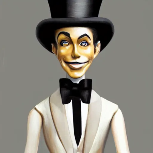 Prompt: a painting of a marionette puppet wearing a top hat and a suit by artgerm