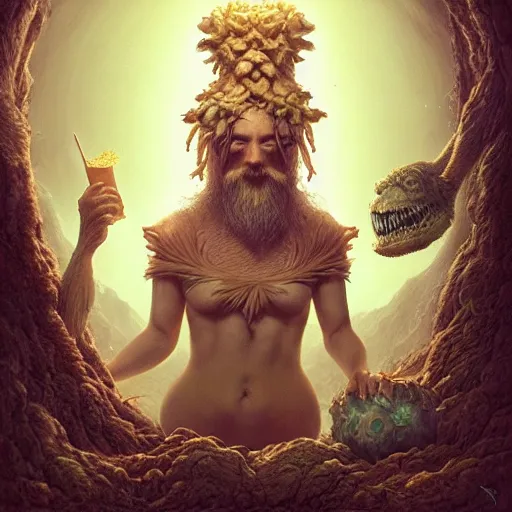 Image similar to by artgerm and agostino arrivabene, visually stunning, cinematic, ultra realistic, hyper realism, epic, octane render, unreal engine, vfx, a old druid preparing potion, fungal enchanter, murloc tinyfin, dread infernal, wee whelp, battle ram