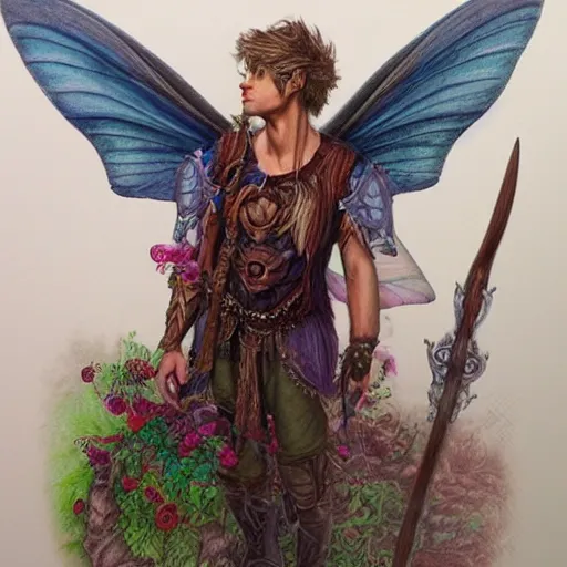 Prompt: hyper realistic color pencil drawing of a male fairy druid, D&D Art, detailed, rim light, diffused, intricate, axe, by anna dittmann