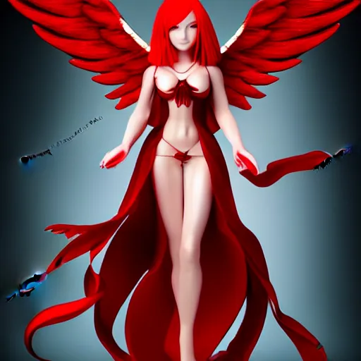 Image similar to beautiful female mage with red hair, angelic figure, dark wings