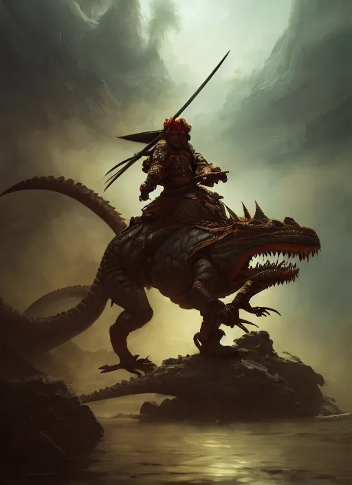 Prompt: samurai riding on a giant lizard, subsurface scattering, by jesper ejsing, justin gerard, tomasz alen kopera, cgsociety and fenghua zhong, highly detailed, rim light, cinematic lighting, illustration, art, octane render, very coherent, cinematic, hyper realism, high detail, octane render, 8 k