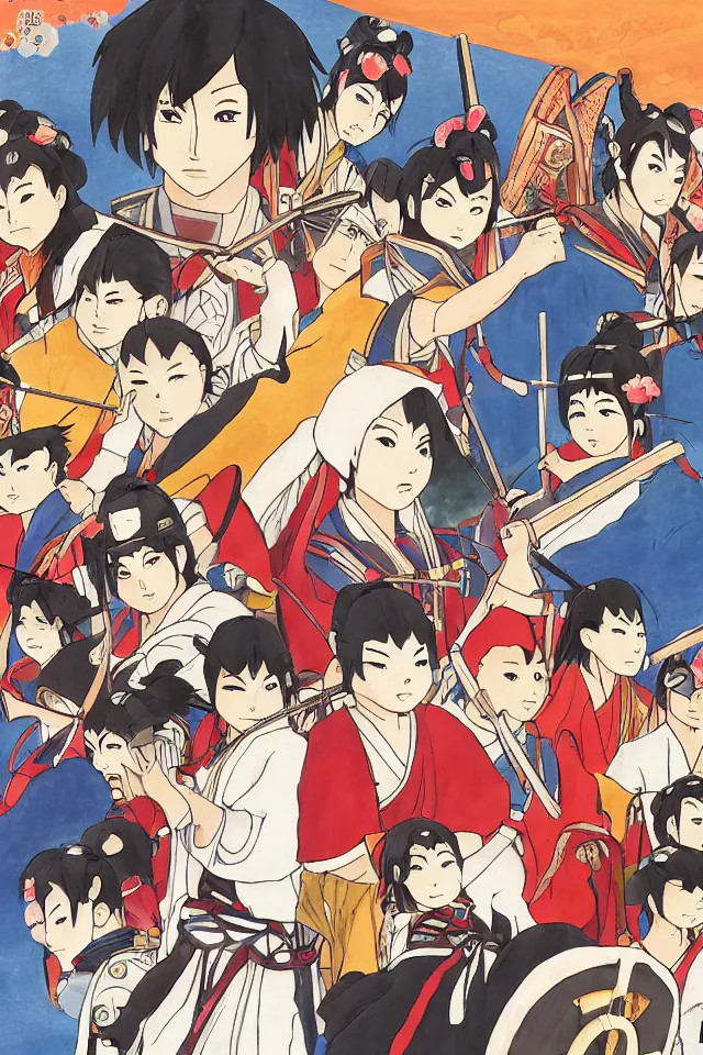 Image similar to a portrait of shiba inus as samurai and warriors, in the art style of studio ghibli, miyao hayazaki, artistic 4 k