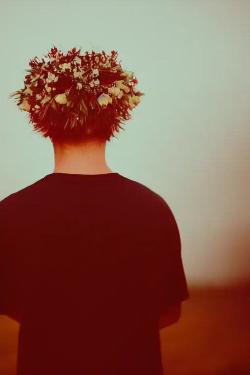 Image similar to agfa vista 4 0 0 photograph of a skinny blonde guy standing in a spotlight in a dark field, flower crown, back view, grain, moody lighting, moody vibe, telephoto, 9 0 s vibe, blurry background, vaporwave colors!, faded!,