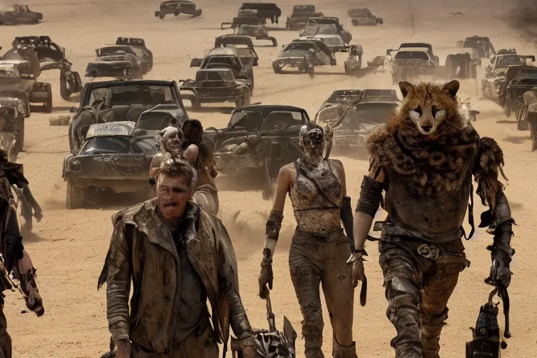 Image similar to a film still from the movie mad max fury road of the anthropomorphic anthro cheetah wolf lizard raiders wearing scavenger clothes standing in the post apocalyptic wasteland