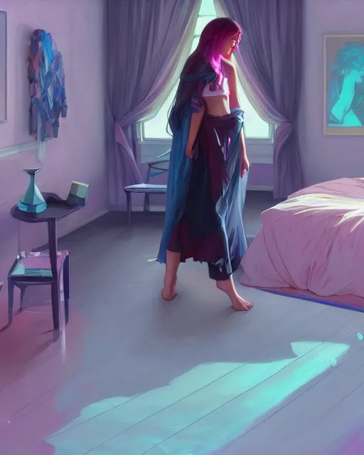 Image similar to emily rajtkowski, emo, posing, vaporwave colors, modern bedroom!!!!!, highly detailed, digital painting, artstation, concept art, smooth, sharp focus, illustration, art by artgerm and greg rutkowski and alphonse mucha