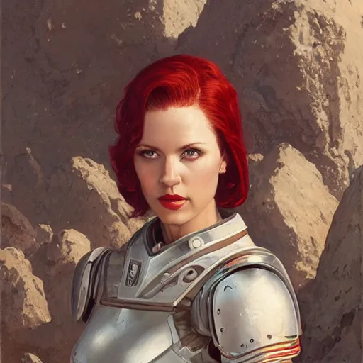 Image similar to a portrait of an woman with red short hair wearing a whiteblouse and robot armor commanding an army on a dead world full of rocks, highly detailed, centered, digital painting, artstation, concept art, donato giancola, Joseph Christian Leyendecker, WLOP, Boris Vallejo, Breathtaking