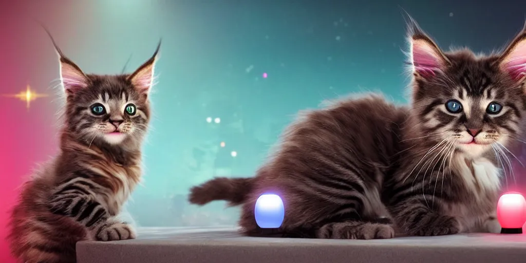 Image similar to a d rendered movie still a cute robotic kitten with rgb ambient lighting implants. the robot maine coon kitten. in the background is a cyberpunk cat tree with rgb dramatic lighting. science fiction blockbuster movie from the future, imax 7 0 mm. style of mandalorian ( american space western television series )