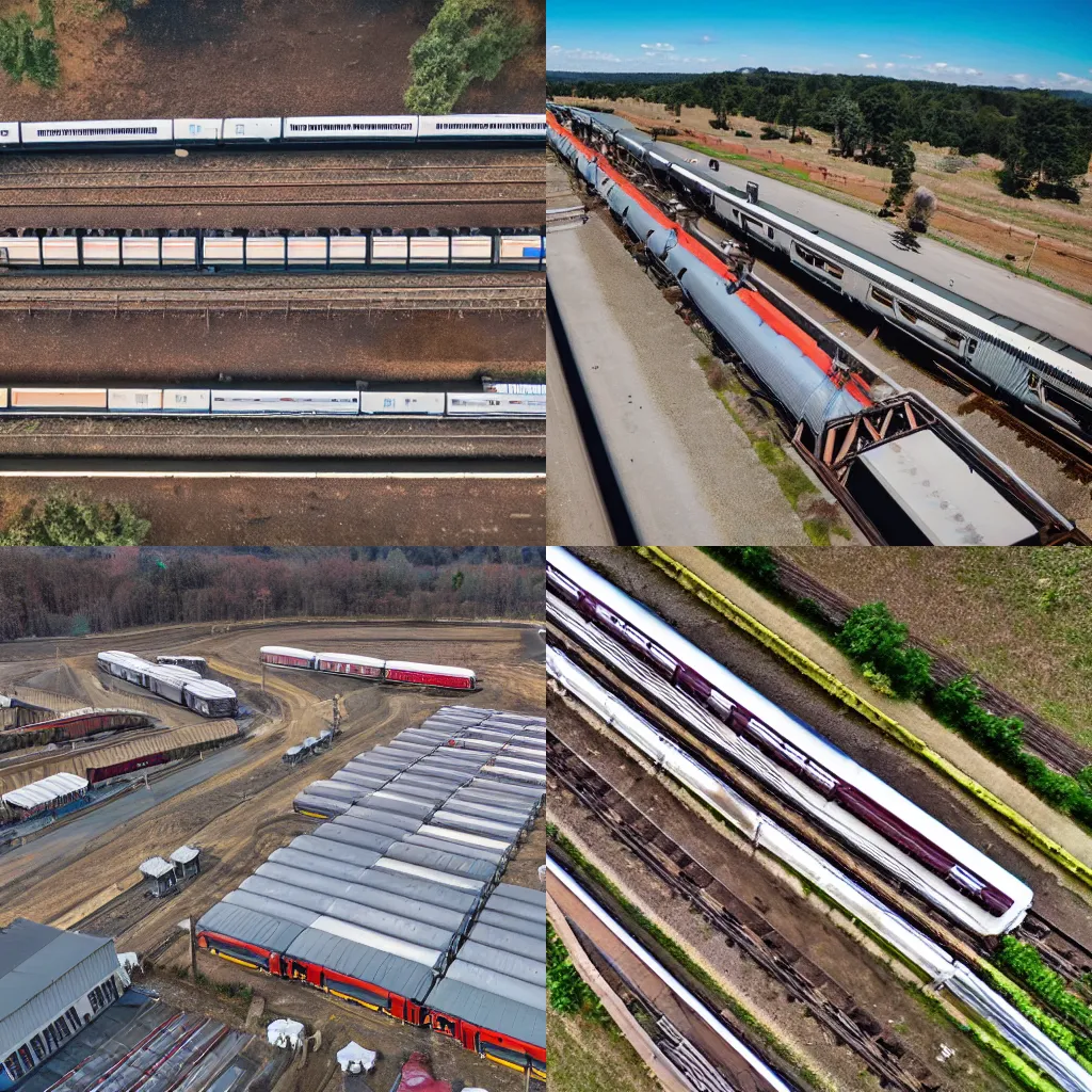 Prompt: drone shot of a train storage area