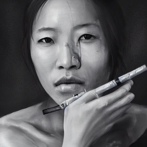 Image similar to a portrait painting by cedric peyravernay of a harded asian female spy, with scars and a dirty face, smoking a cigarette as she stares menacingly