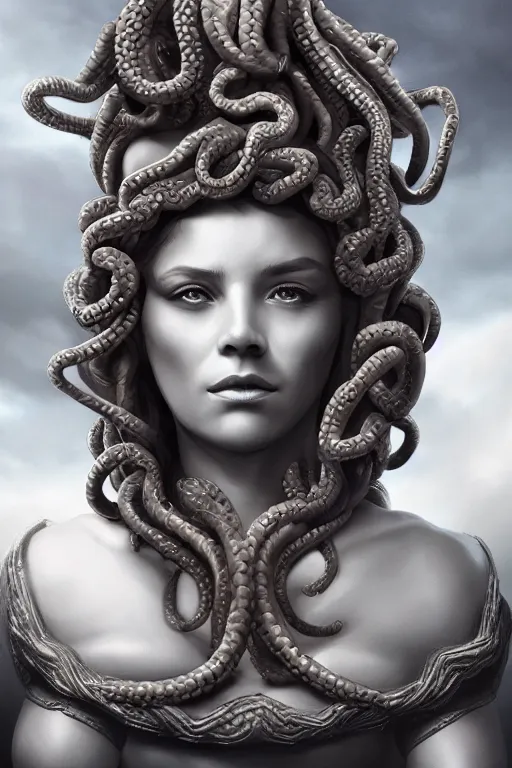 Image similar to a detailed matte portrait of medusa mother of the gorgons, elaborate regal reliefe, clouds, shrouded, trending on artstation, photorealistic, cgi, 8 k