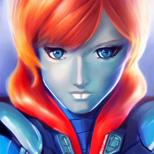 Image similar to Zero Suit Queens Gambit Samus, beautiful soft human features, blonde hair cut in a bob, striking blue eyes, anime cartoon style, Blue armor, artstation, rossdraws