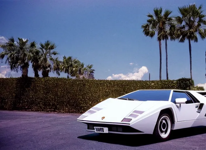 Image similar to a white lamborghini countach. palms and blue sky in the background. 8 0's style