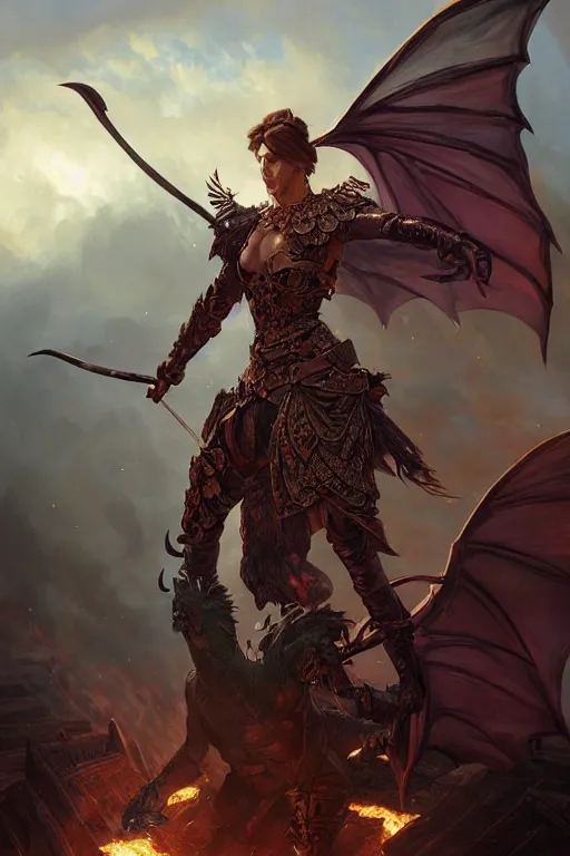 Prompt: warrior, wearing a dark armor, fighting a dragon, village in flames in the back, intricate, elegant, highly detailed, digital painting, artstation, concept art, smooth, sharp focus, illustration, art by artgerm and greg rutkowski and alphonse mucha and andrei riabovitchev