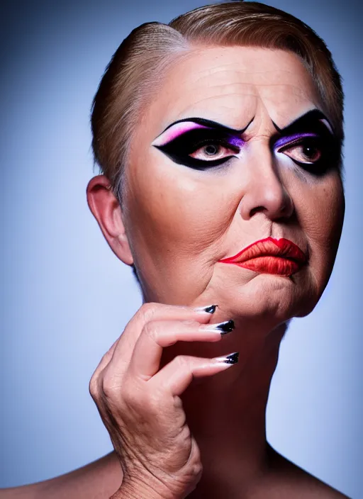 Image similar to studio portrait of lindsey graham in full drag dressed in drag dressed as a woman makeup, 8 k, studio lighting, key light, back light, sequents,