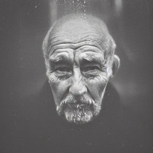 Prompt: Monochrome portrait of an intense old man with facial tattoos on a rainy misty street at night, the only light source is a bright overhead street light, close-up, motion blur, grainy Tri-X pushed to 3200, 24mm tilt-shift, water drops on the lens, holga